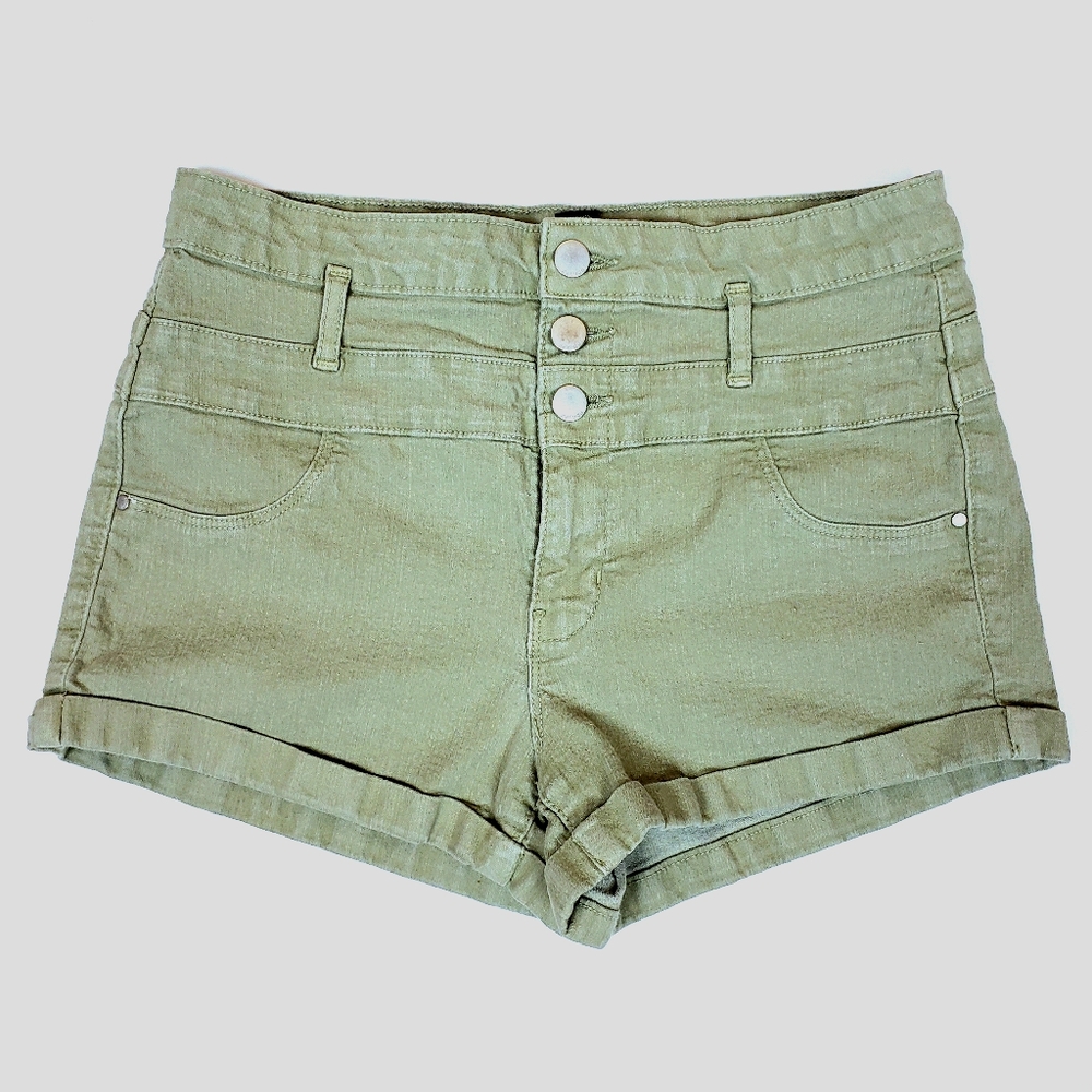 refuge Army Green Denim High Rise Shorts